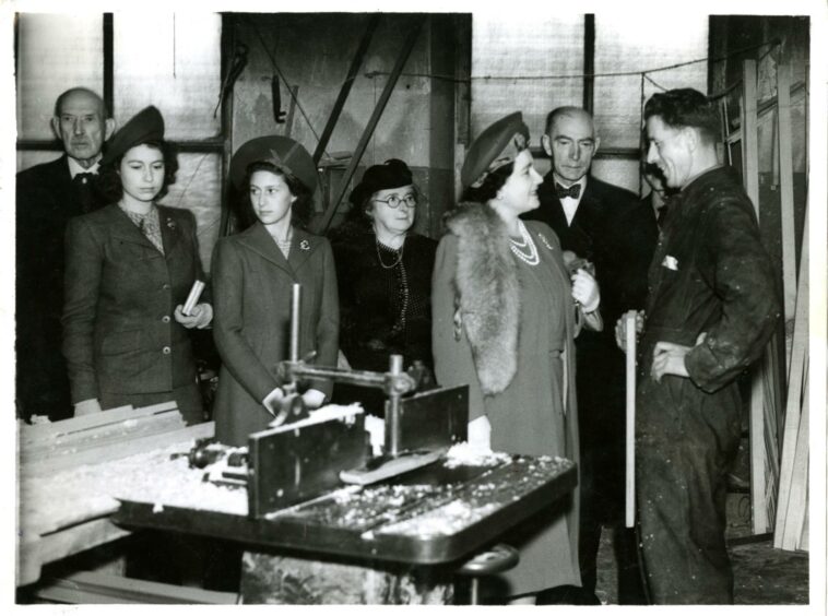 The late Queen Mother visiting the factory with her daughters Princess Elizabeth and Princess Margaret