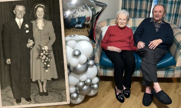 Jim and Nancy Cruickshank on their wedding day in Aberdeen and celebrating 70 happy years.