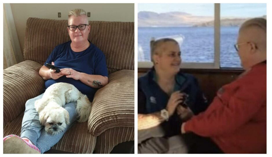 Suzanne sitting with her beloved Shih Tzu, Honey. Right: Karen proposing to Suzanne on Loch Lomond in 2019.
