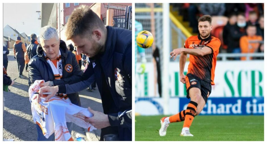 Ryan Edwards signs a shirt for Karen White.