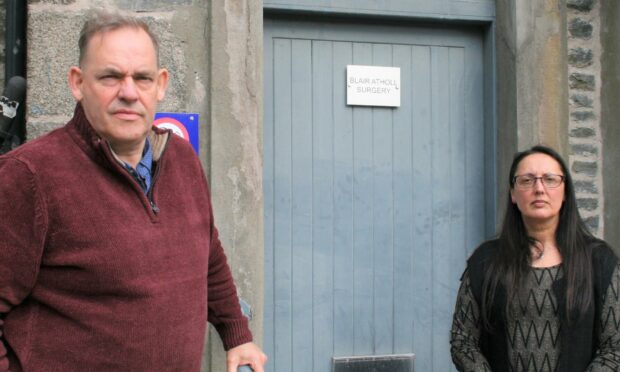 Councillor John Duff with patient Rhona Metcalfe outside the Blair Atholl surgery.