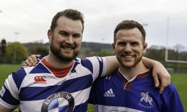Former Scotland players Fergus Thomson (left) and Chris Fusaro after the match. Photo courtesy of Chris Reekie.