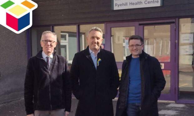 From left Councillor Fraser Macpherson, Alex Cole-Hamilton MSP, and Michael Crichton