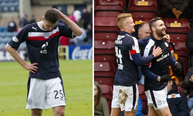 Left: Dundee are relegated in 2012. Right: The Dark Blues beat Motherwell at the end of the 2016/17 season.