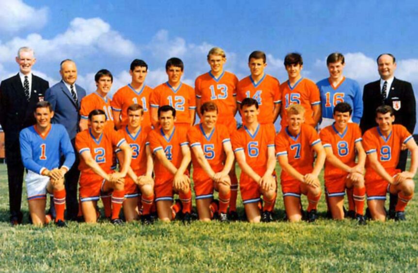 United in the tangerine guise of Dallas Tornadoes. Back row (left to right) James Littlejohn (Director), Andy Dickson (Physio), Jackie Graham, Gerry Hernon, Walter Smith, Mogens Berg, Finn Dossing, Ian Scott, Donald Mackay, Jerry Kerr (Manager)Front row (left to right) Sandy Davie, Tommy Millar, Tommy Neilson, Doug Smith, Jim Moore, Finn Seemann, Dennis Gillespie, Billy Hainey.