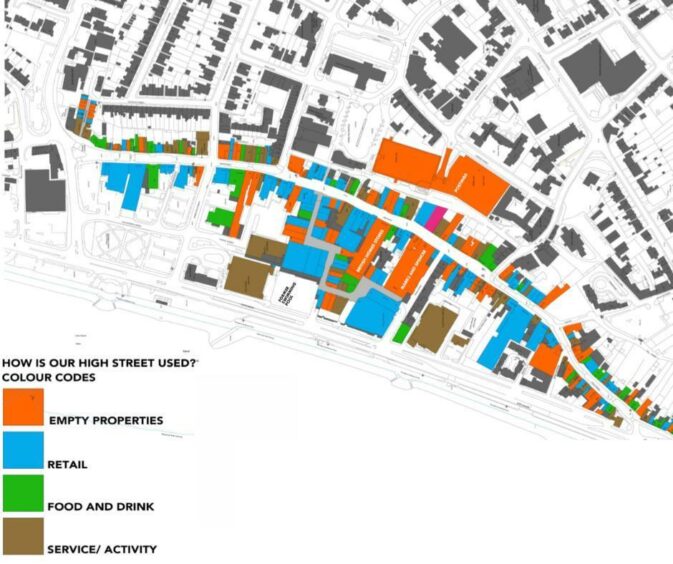 A map of Kirkcaldy town centre properties, including the former Postings centre.