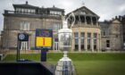 The Open Championship trophy, The Claret Jug pictured on the first tee at the Old Course.