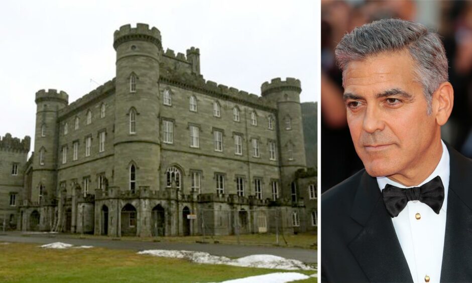 split picture with Taymouth Castle on one side and George Clooney on the other