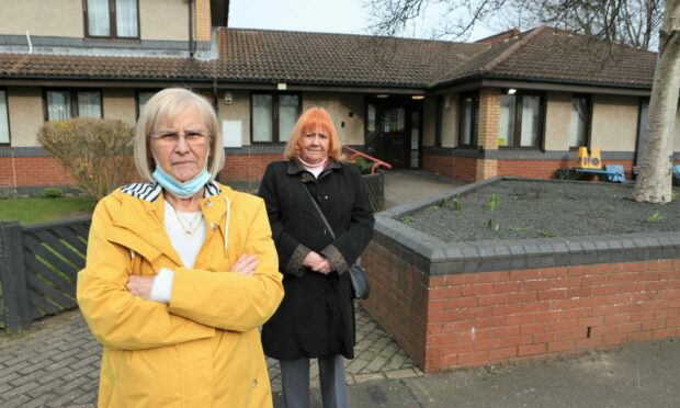 Resident Christine Brannan, left, and Councillor Helen Wright outside the Alpin/Glenesk housing complex.