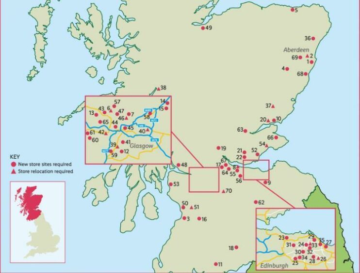 A map of Lidl's stores in Scotland.
