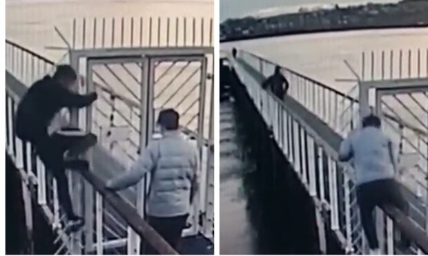 CCTV footage shows three youths breaking into the jetty before running towards the lifeboat.