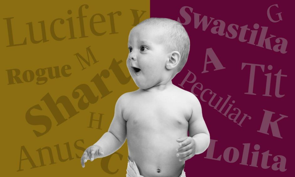 A baby surrounded by unique baby names including Lucifer and Shart.