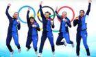 Mili Smith, Hailey Duff, Jennifer Dodds, Vicky Wright and Eve Muirhead celebrate their Olympics curling win in February. Image: Andrew Milligan/PA Wire.