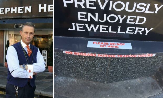 Stephen Henderson (left) and the signs outside his shop asking people to not beg during opening hours.