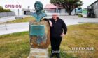 Radio presenter Jim Gellatly with the bust of Margaret Thatcher that stands proudly in the Falklands capital, Stanley.