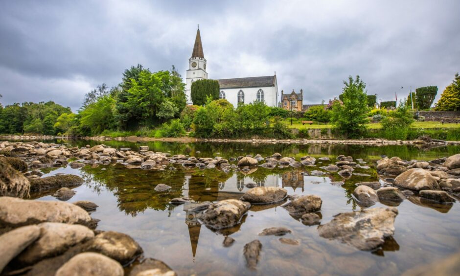 View of White Church, Comrie, with River Earn in foreground.