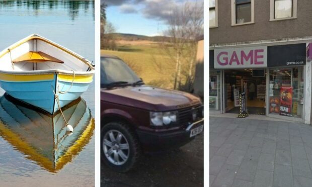A dory boat similar to the one pictured was stolen in Forfar, while a Land Rover (pictured) was stolen from Ballumbie, and Game in Dundee was hit by a break-in.