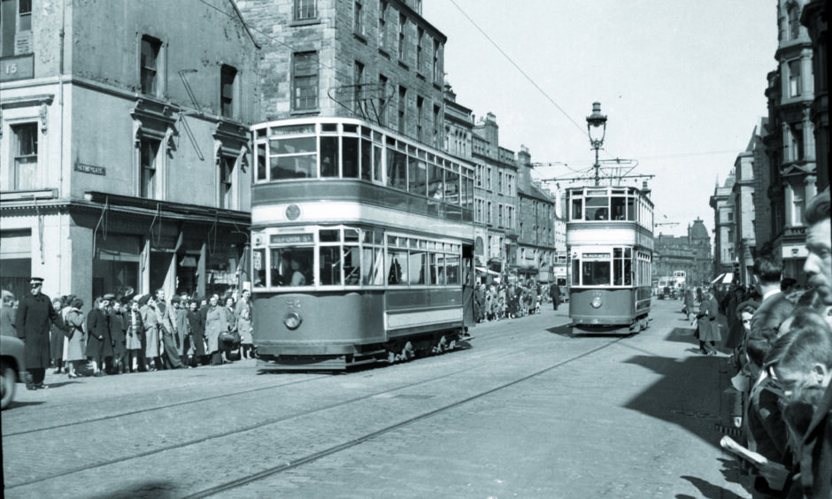 black and white photo of trams on streets of Dundee