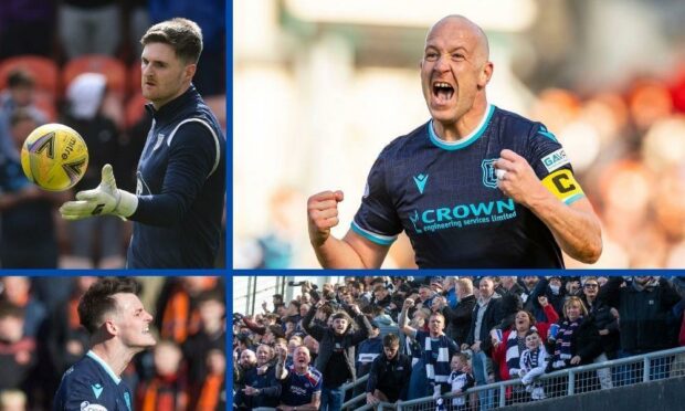 Dundee showed real fight to comeback at Dundee United - clockwise from top left: goalkeeper Ian Lawlor, skipper Charlie Adam, the away end and goalscorer Danny Mullen.