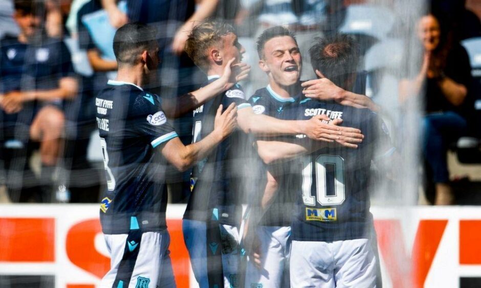 Dundee celebrate Jordan Marshall's opener against St Johnstone.