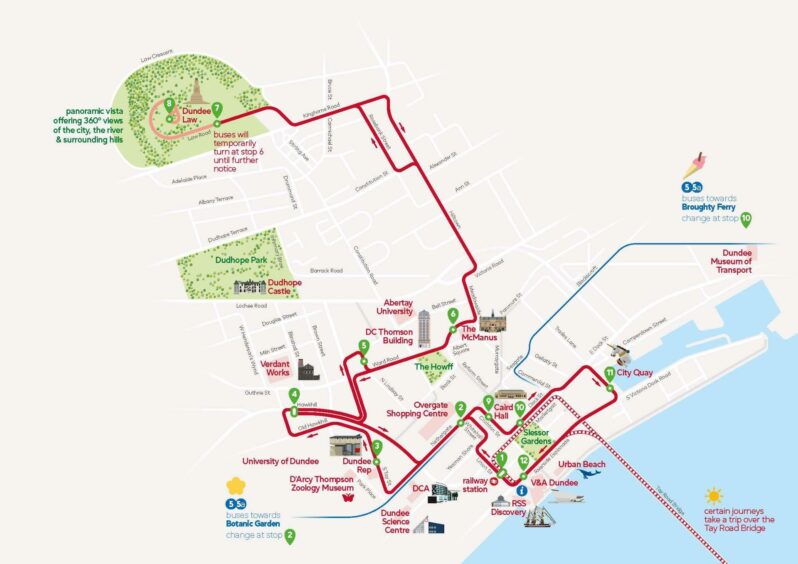 Map of Xplore Dundee open-top bus tour