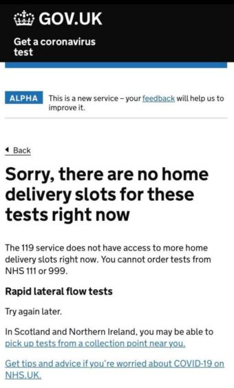 A government website saying there are no delivery slots for free lateral flow tests in scotland