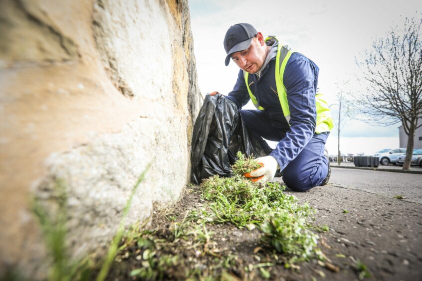 Joe from the Community Payback team gets stuck into the Tayport's weeds as part of the pilot