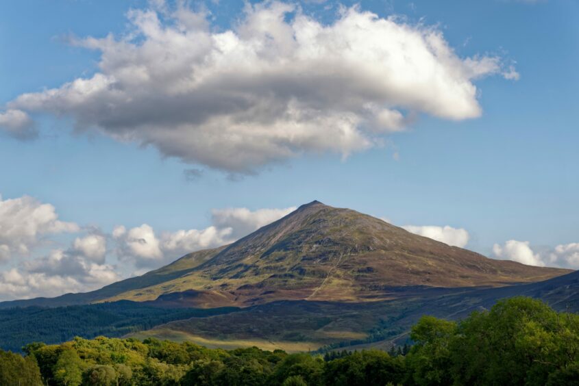 Schiehallion, a cone shaped mountain, viewed from Kinloch Rannoch on a summer day