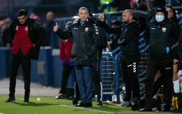 A thumbs up from Montrose boss Stewart Petrie during his side's 1-0 play-off win over Airdrie.