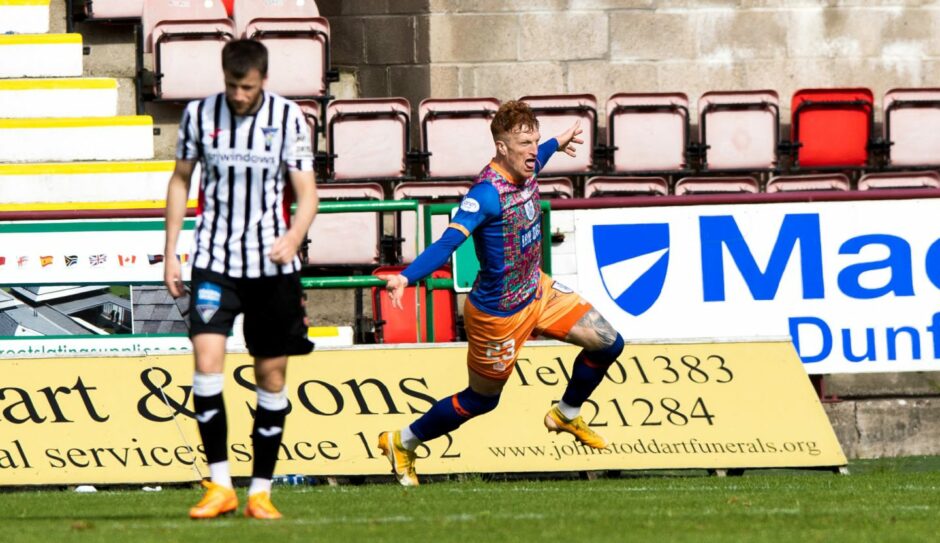 Simon Murray celebrates the goal that relegated Dunfermline.