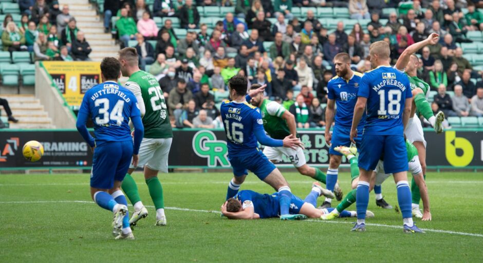 Ryan Porteous knocks the ball down to Paul McGinn for the opening goal.