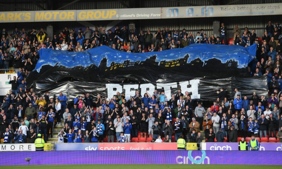 St Johnstone fans hold up a giant banner at McDiarmid Park in 2022. 