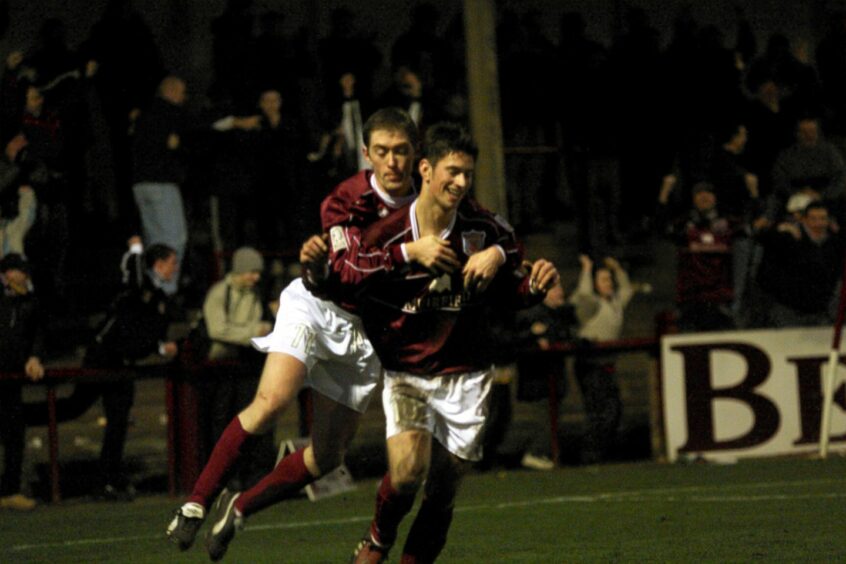 Gavin Swankie is congratulated after scoring for Arbroath in his first spell at the club.