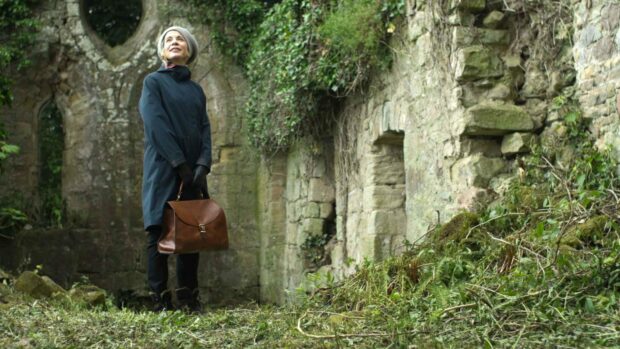 Lucy Worsley at a ruin in Nether Keith Chapel, East Lothian.