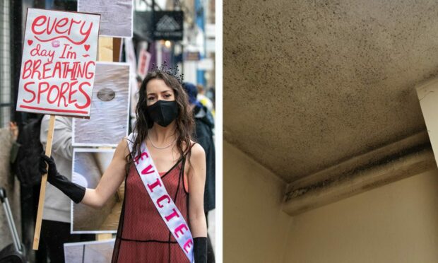 Rowan Heggie protesting over mould in the Dundee flat.