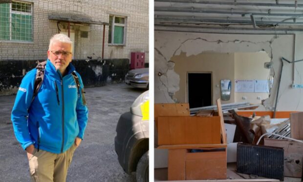 David Anderson and some of the damage to the hospital in Ukraine.