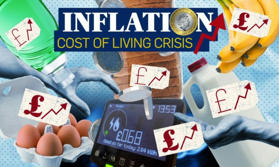 image shows the words 'inflation: cost of living crisis' with rising price stickers on a number of household items and a smart meter.