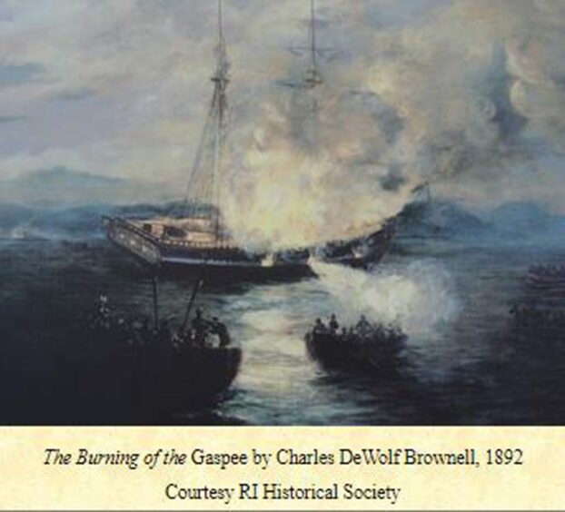 A painting called The Burning of the Gaspee by Charles DeWolf Bromway 1892. 