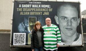 Allan's parents, Allan Bryant Snr and Marie Degan, with campaign billboard for new The Courier documentary. Image: DC Thomson