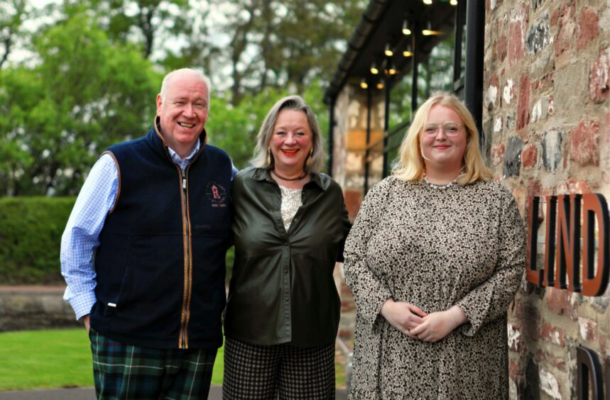 Owners of Lindores Abbey Distillery, Drew, Helen and their daughter Gee McKenzie Smith, who host the bear burning.