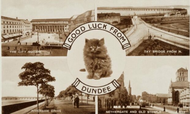 Good Luck from Dundee, black and white four-view postcard by Valentine & Sons Ltd, 1937