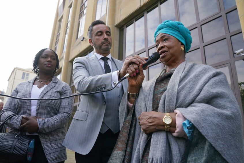 Sheku's mother Aminata Bayoh speaks outside Capital House in Edinburgh.