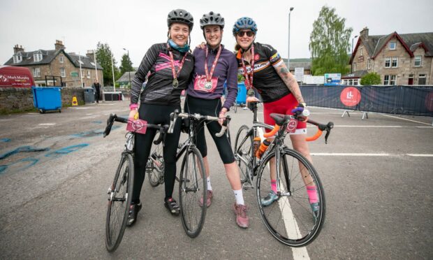 Friends happy to have completed the event - l to r - India Gill, Anna Martin and Winifred Gronkowski - Winifred hails from Ythan, Pitlochry.