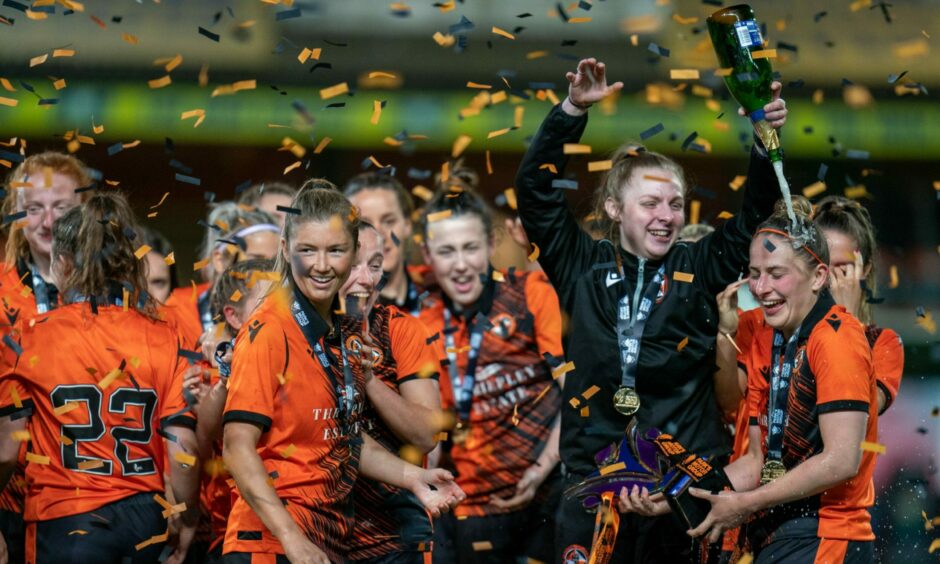 The confetti falls as Dundee United Women celebrate their title win last term. Image: Kenny Smith / DC Thomson.