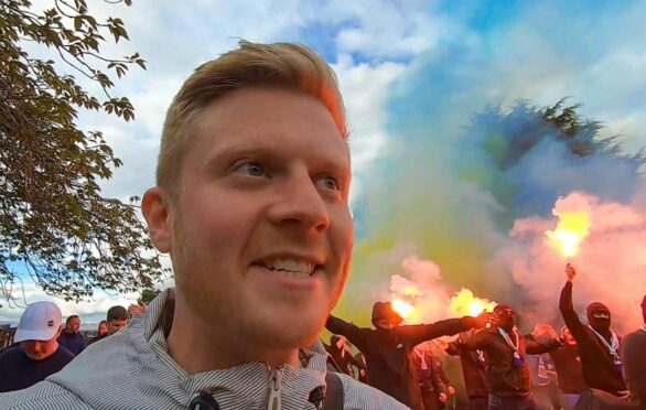 YouTuber Sam North gets a taste of the atmosphere before the play-off final at McDiarmid Park.