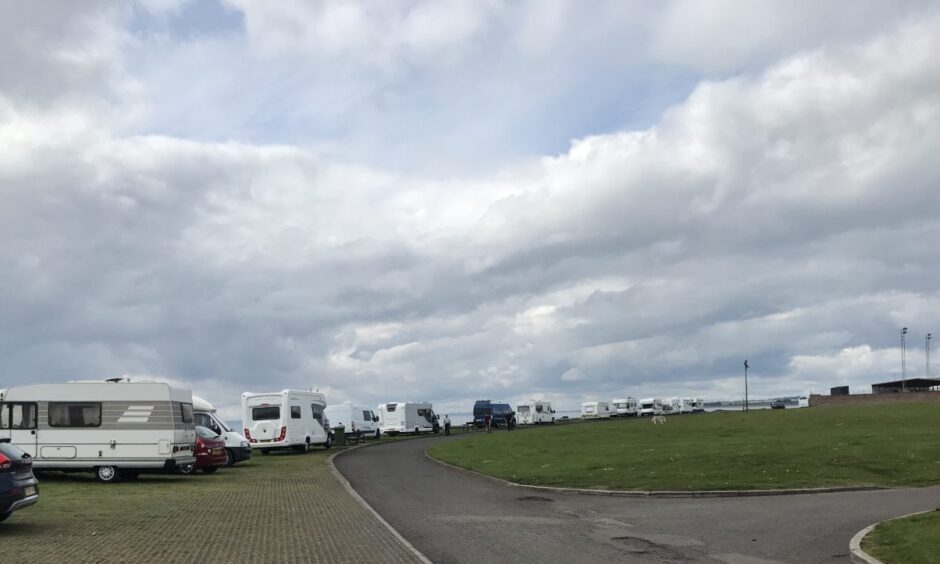 Motorhomes parked at Arbroath seafront.