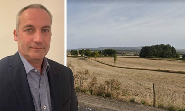 Paul McKay of Muir Homes and a patch of Angus land the company hope to convert into homes.