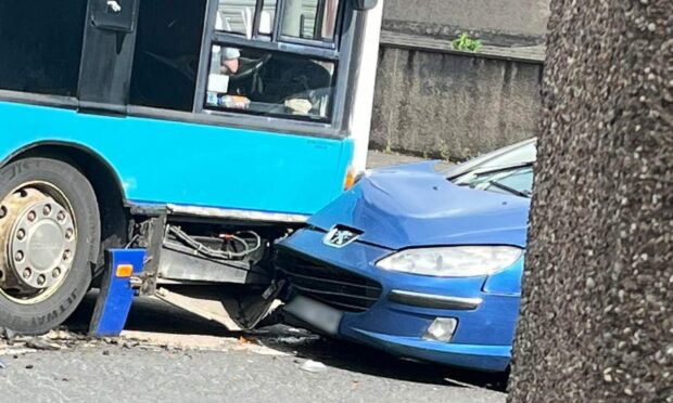 The collision between the bus and car in Main Street, Kelty. Pic courtesy of Fife Jammer Locations