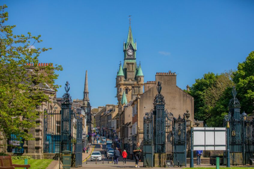 Scenic view from Bridge Street of Dunfermline City Chambers, Town Hall and High Street.