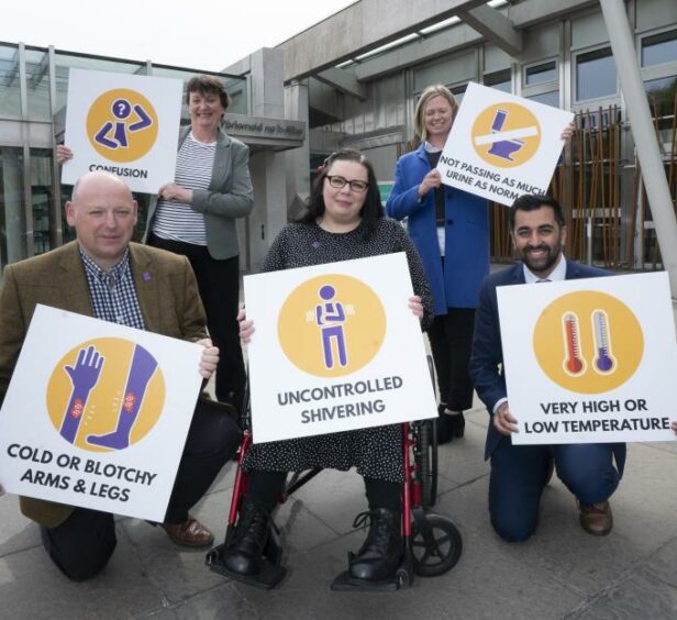 New sepsis campaign launch: Colin Graham of Sepsis Research FEAT; Kimberley Bradley; Humza Yousaf; sepsis survivor Sarah Weatherston; Fiona Griffith of the GenOMICC study, funded by Sepsis Research FEAT.